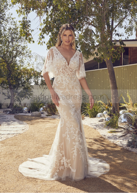 Flutter Sleeves Ivory Lace Tulle Romantic Wedding Dress